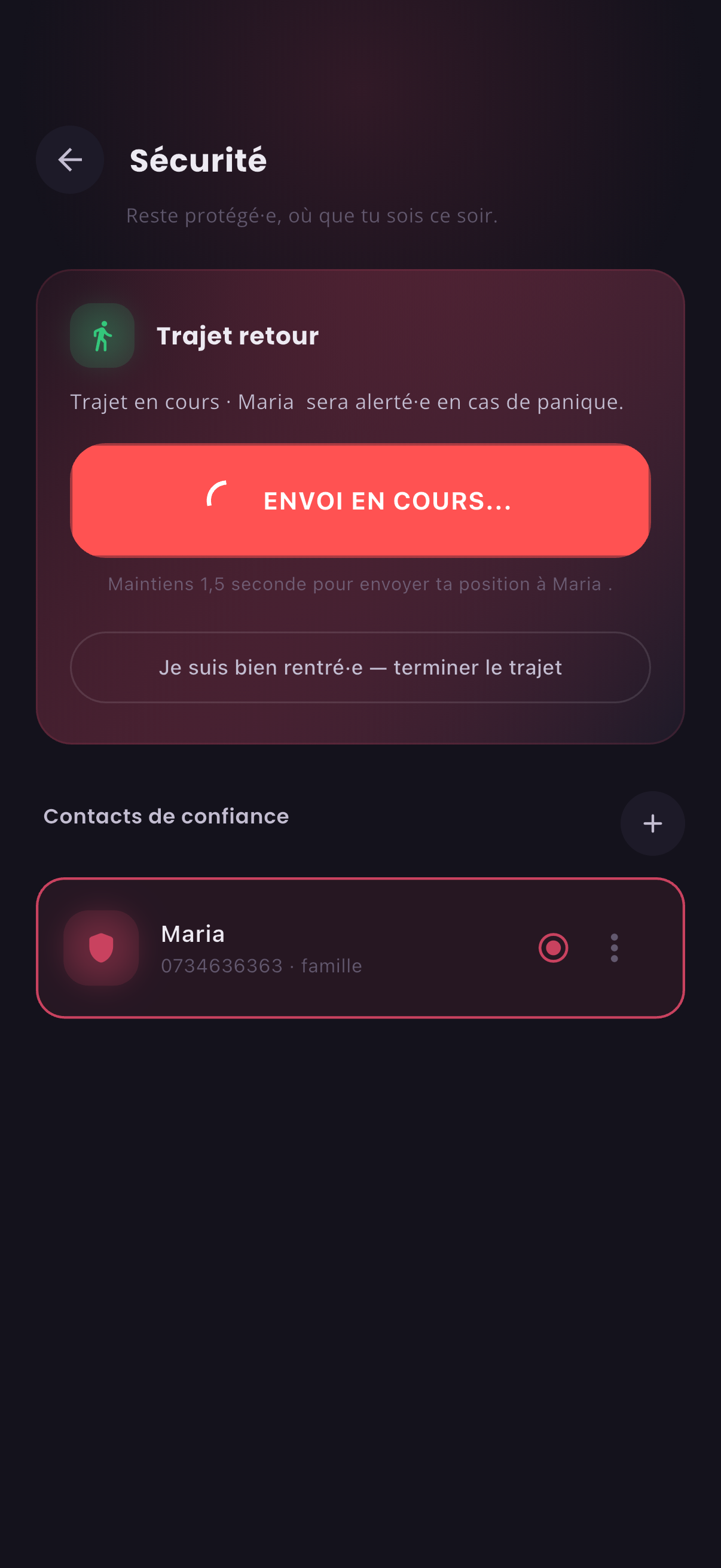 Écran sécurité Repère avec bouton d'alerte et contact de confiance